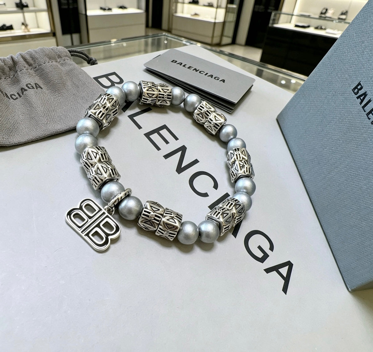 Geometric Emblem Bracelet in Polished Metal-Tone – Pearl Detail – Design 002 main product view