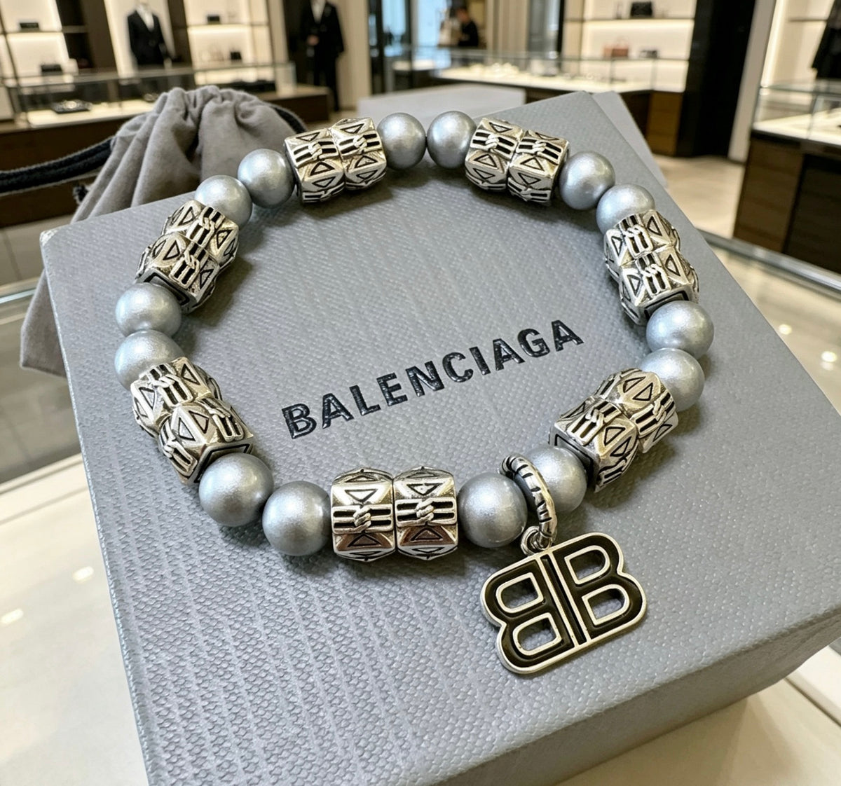 Geometric Emblem Bracelet in Polished Metal-Tone – Pearl Detail – Design 002 close-up detail