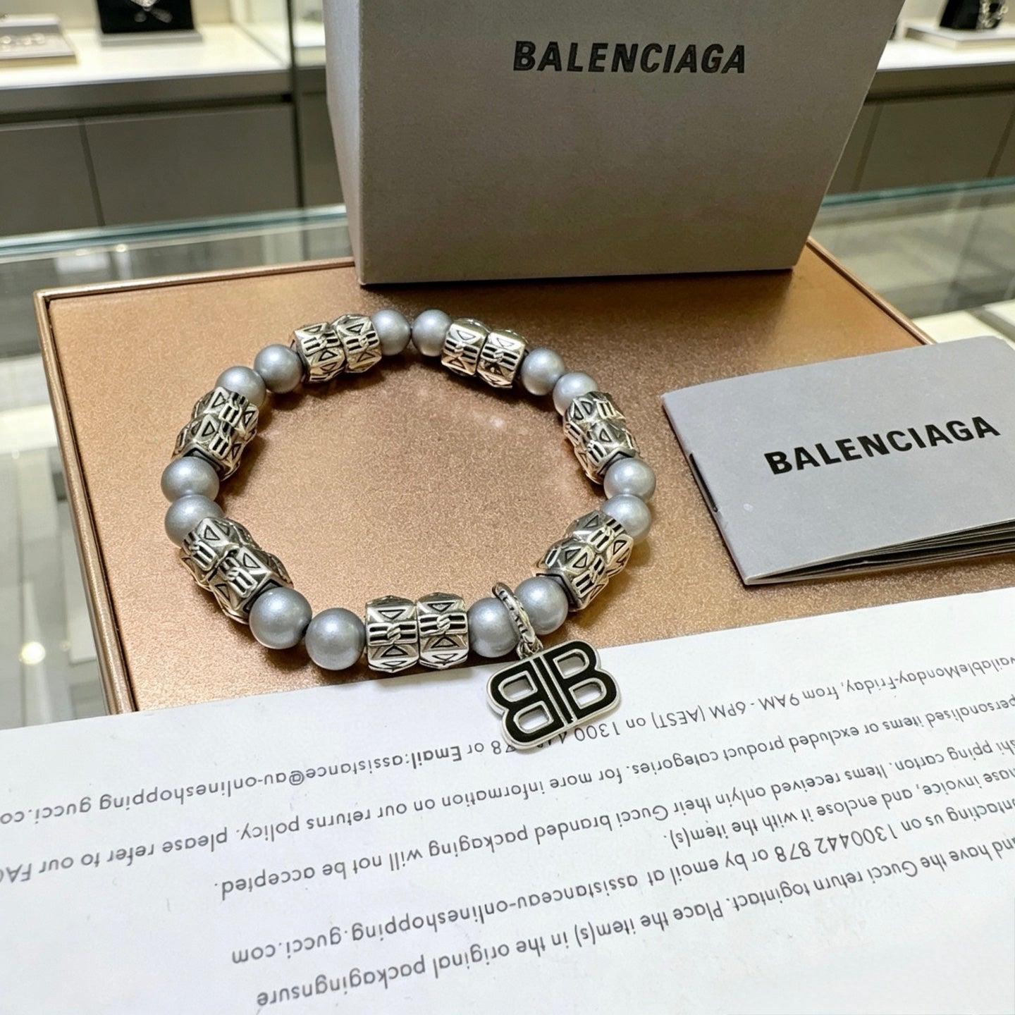 Geometric Emblem Bracelet in Polished Metal-Tone – Pearl Detail – Design 002 front product view