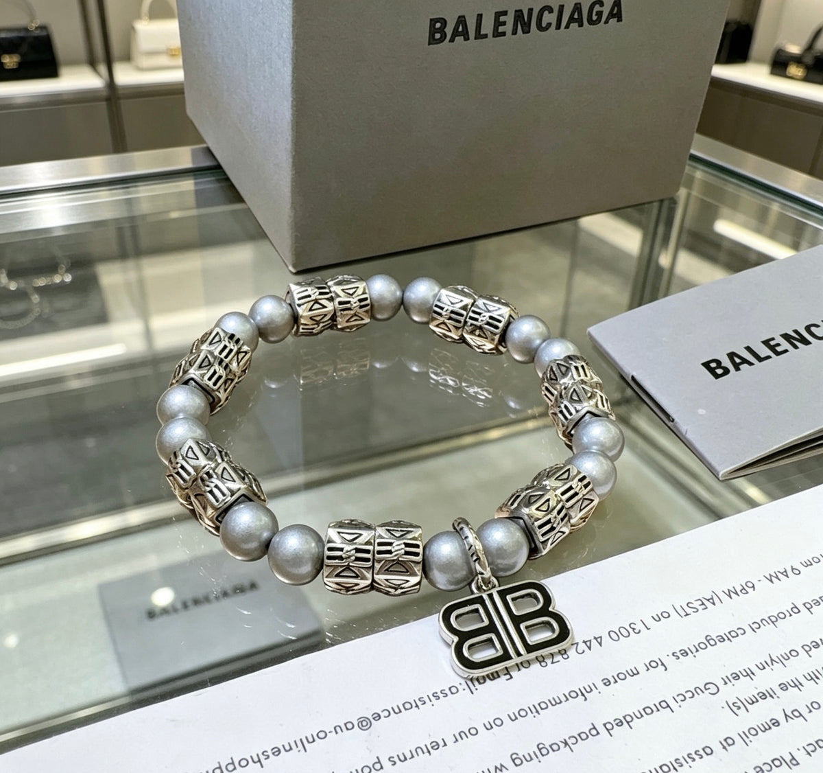 Geometric Emblem Bracelet in Polished Metal-Tone – Pearl Detail – Design 002 main product view