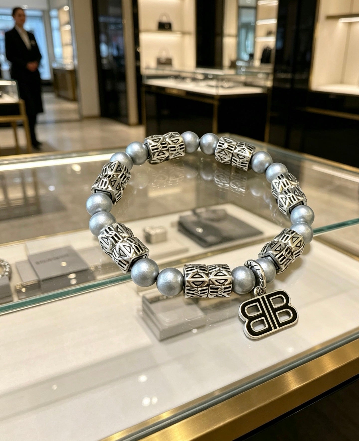 Geometric Emblem Bracelet in Polished Metal-Tone – Pearl Detail – Design 002 front product view