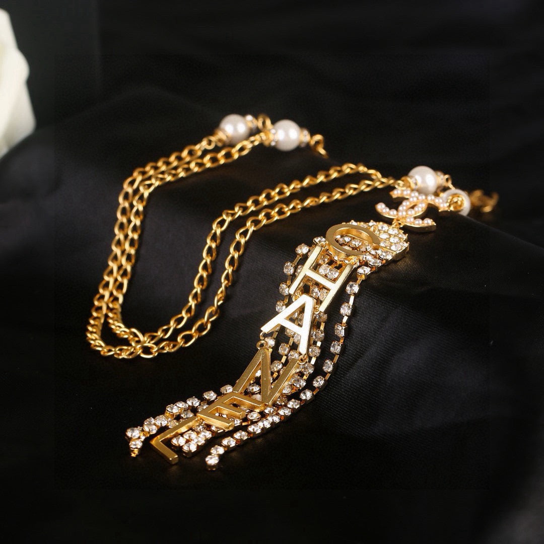 Double-C Emblem Pearl-Detail Pendant Necklace – Pearl Detail – Design 135 close-up detail