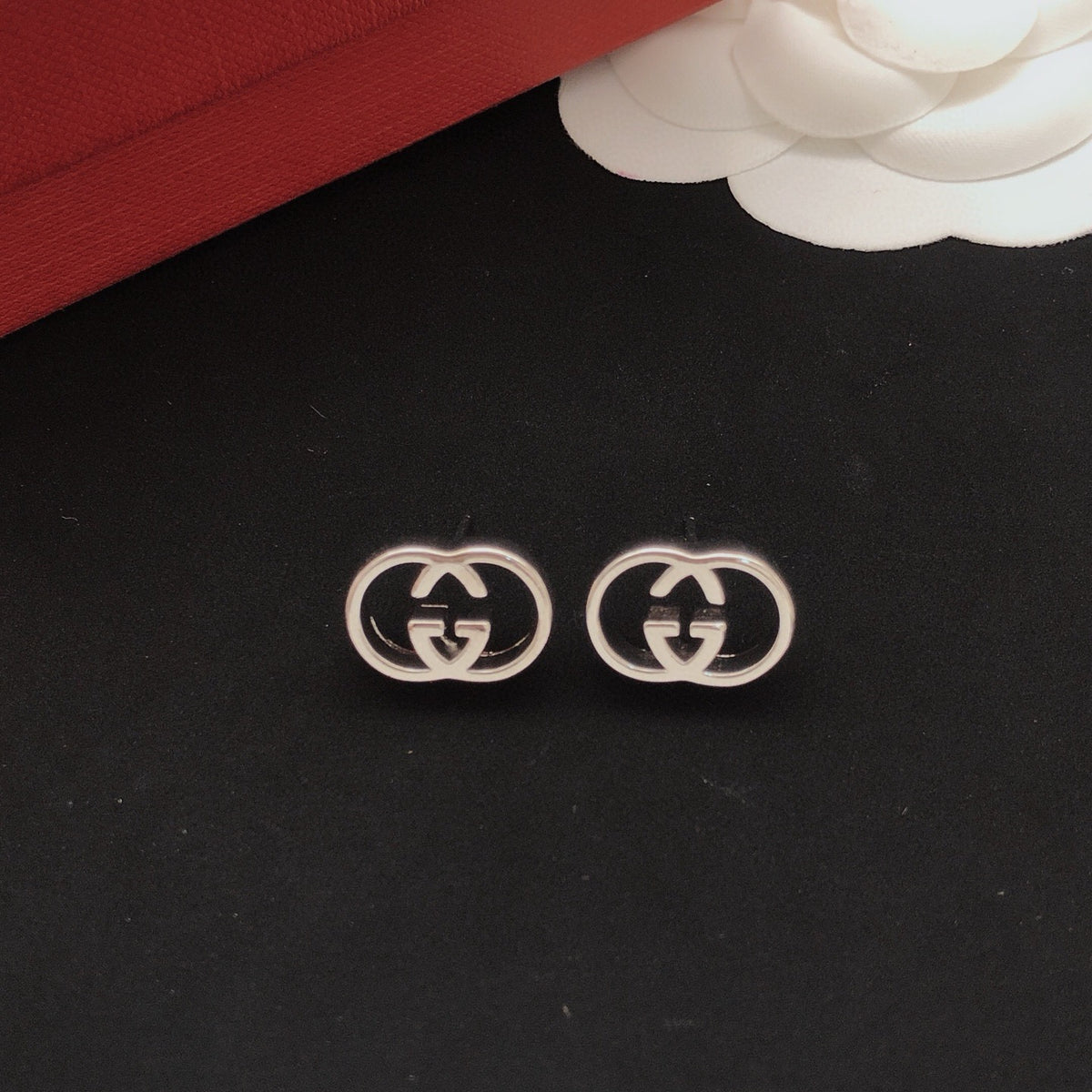 Geometric Emblem Stud Earrings in Silver-Tone – Design 007 close-up detail