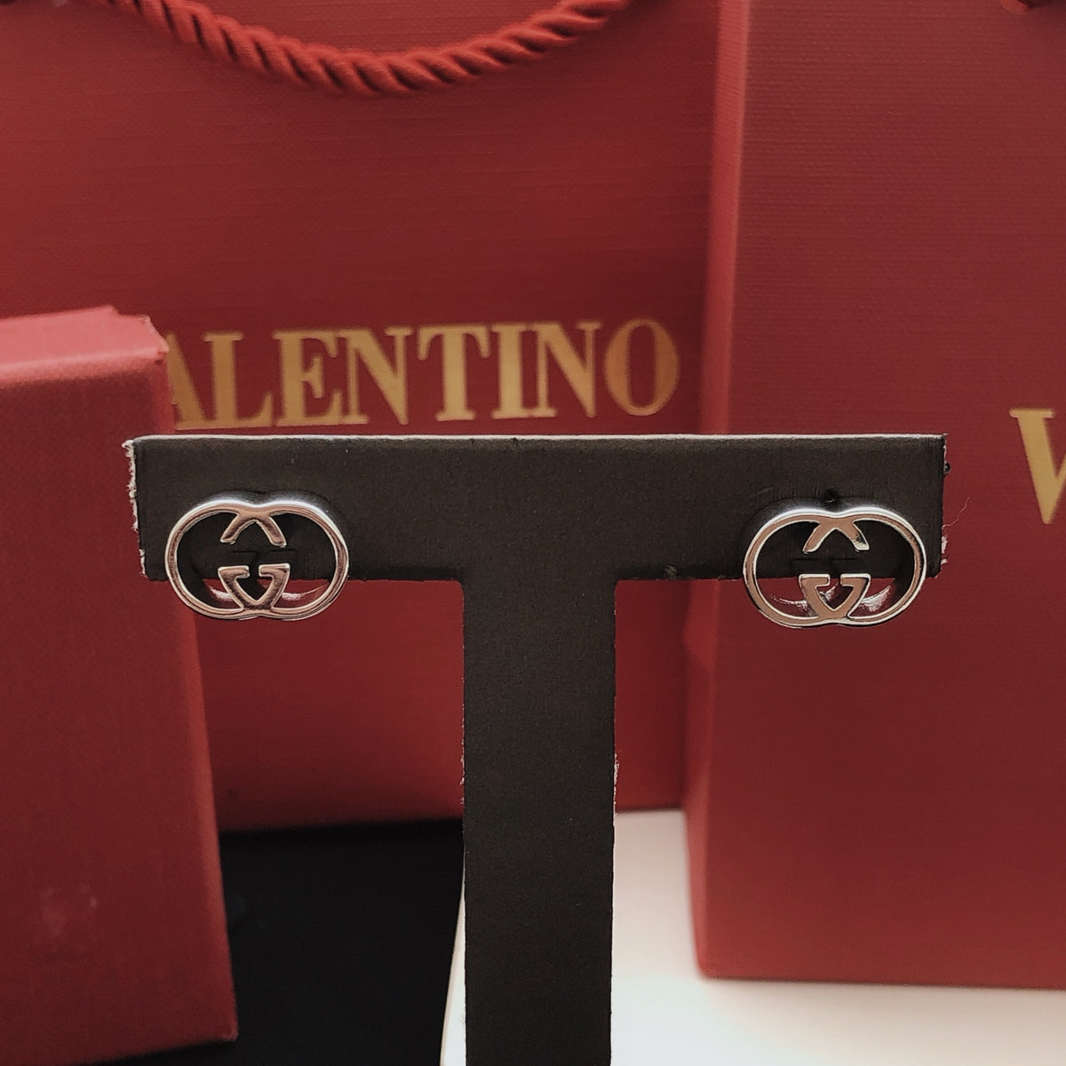 Geometric Emblem Stud Earrings in Silver-Tone – Design 007 detail view