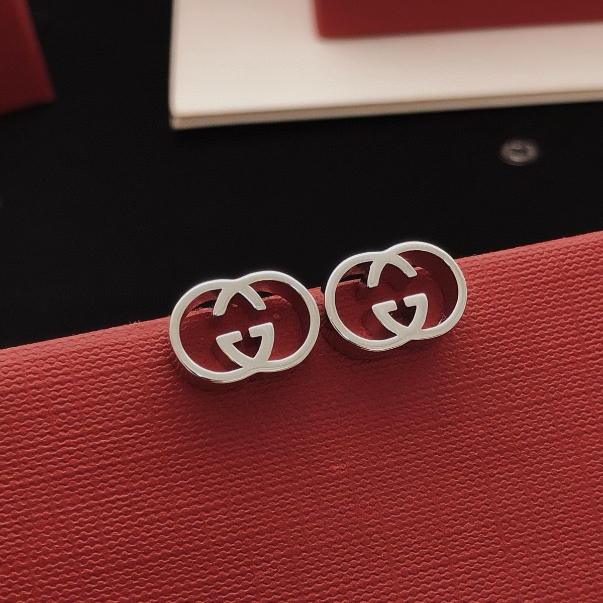 Geometric Emblem Stud Earrings in Silver-Tone – Design 007 main product view