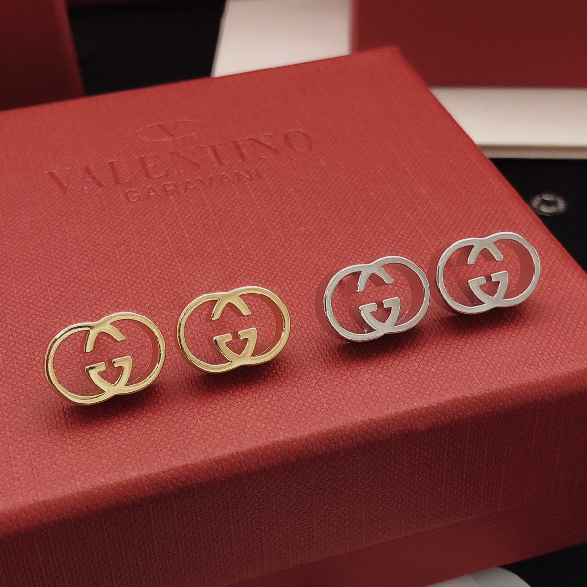 Geometric Emblem Stud Earrings in Silver-Tone – Design 007 front product view