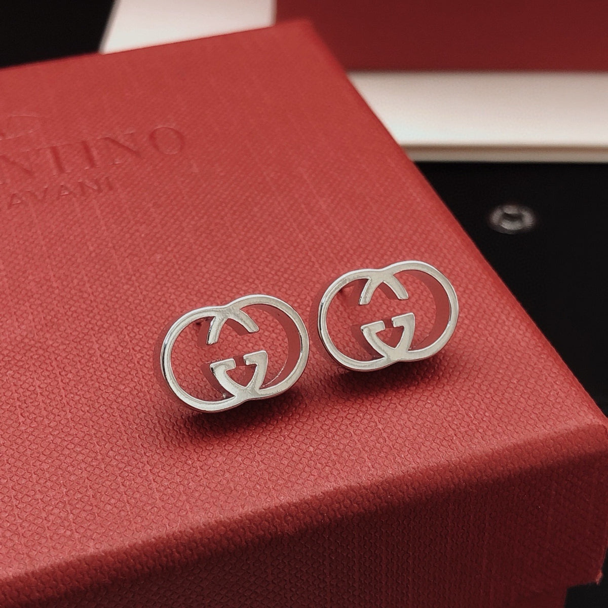 Geometric Emblem Stud Earrings in Silver-Tone – Design 007 styled product view