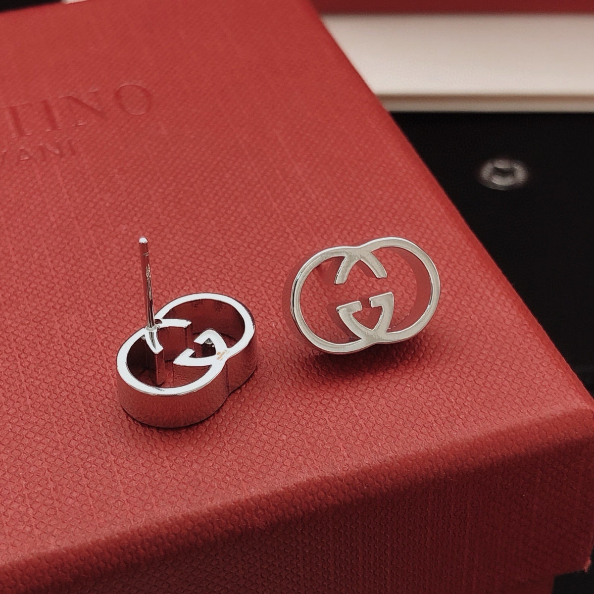 Geometric Emblem Stud Earrings in Silver-Tone – Design 007 main product view