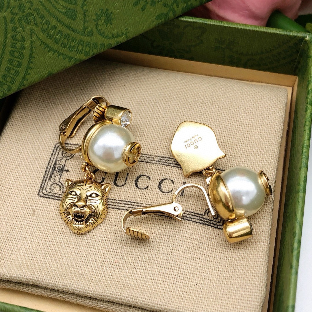 Tiger Head Statement Earrings in Polished Metal-Tone side detail