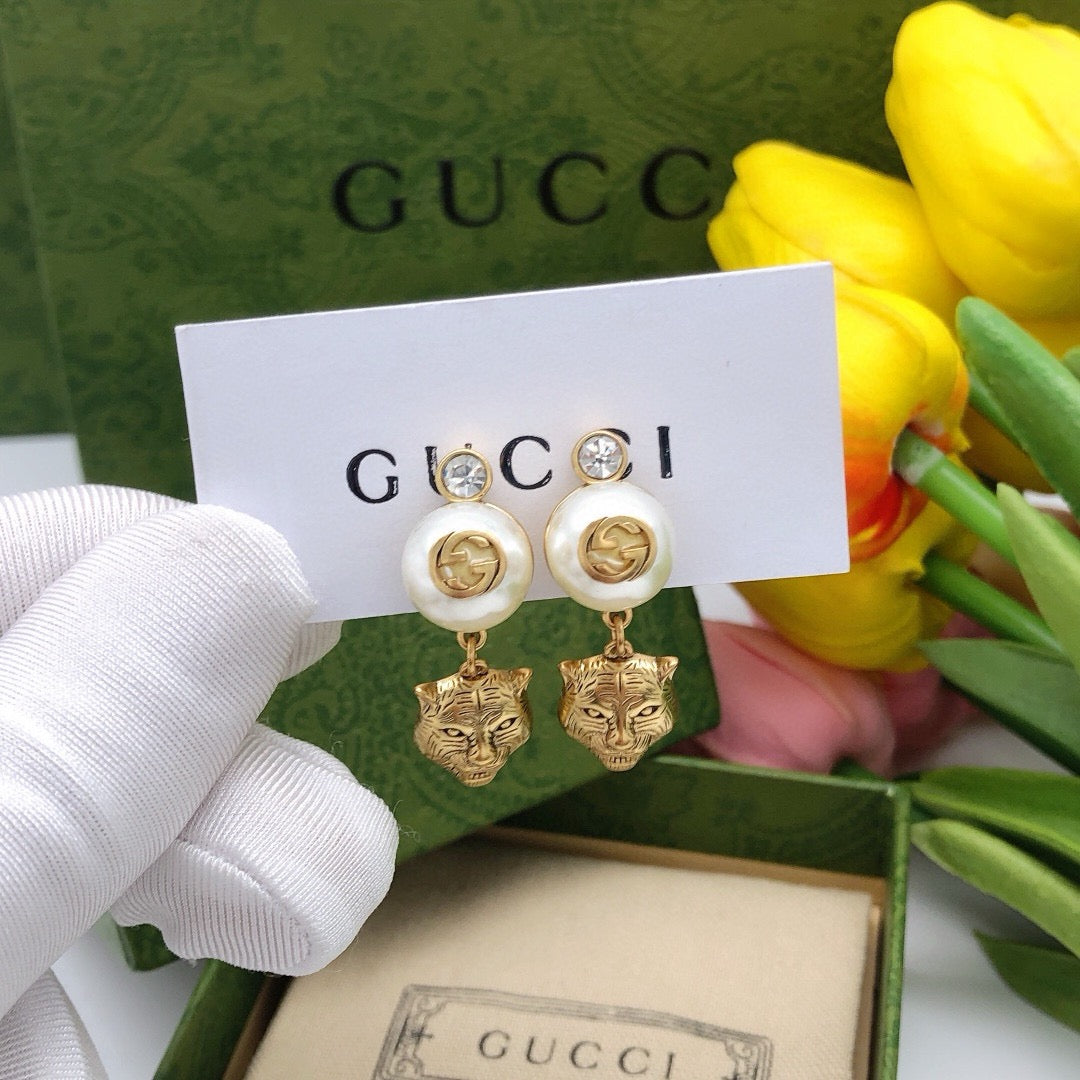 Tiger Head Statement Earrings in Polished Metal-Tone front product view