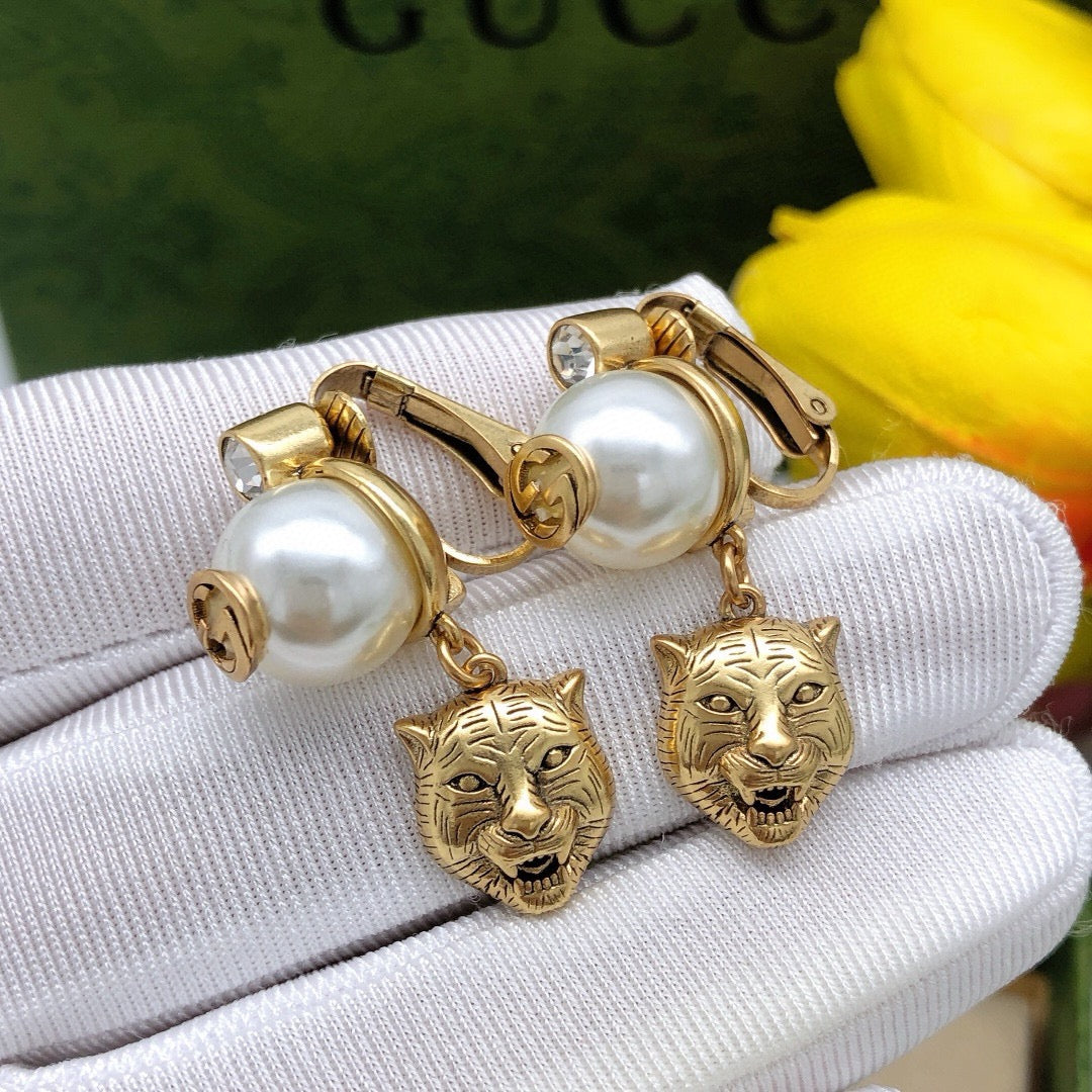 Tiger Head Statement Earrings in Polished Metal-Tone main product view