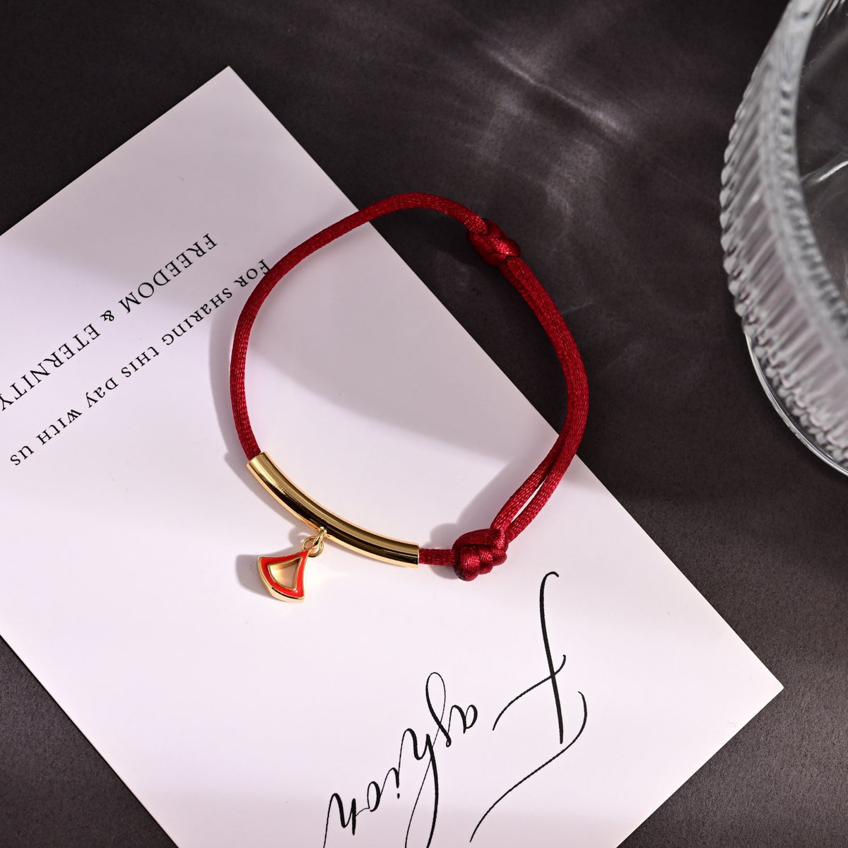Red Cord Braided Bracelet in Polished Metal-Tone – Red Cord Detail – Design 005 main product view