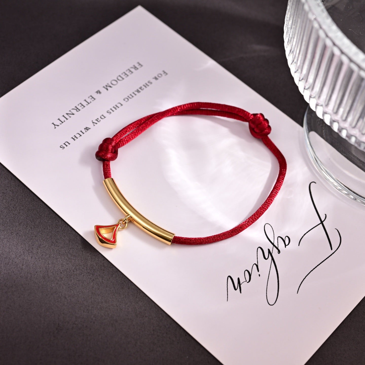 Red Cord Braided Bracelet in Polished Metal-Tone – Red Cord Detail – Design 005 detail view