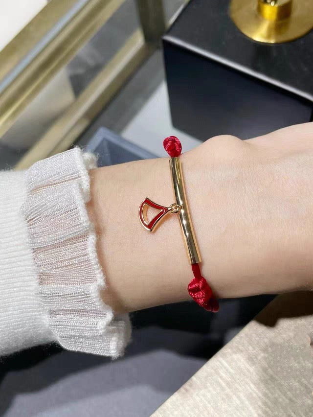 Red Cord Braided Bracelet in Polished Metal-Tone – Red Cord Detail – Design 005 detail view