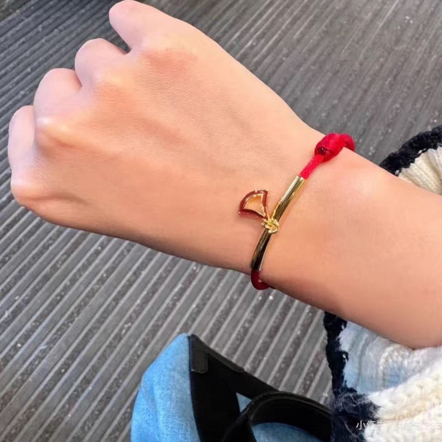 Red Cord Braided Bracelet in Polished Metal-Tone – Red Cord Detail – Design 005 side detail