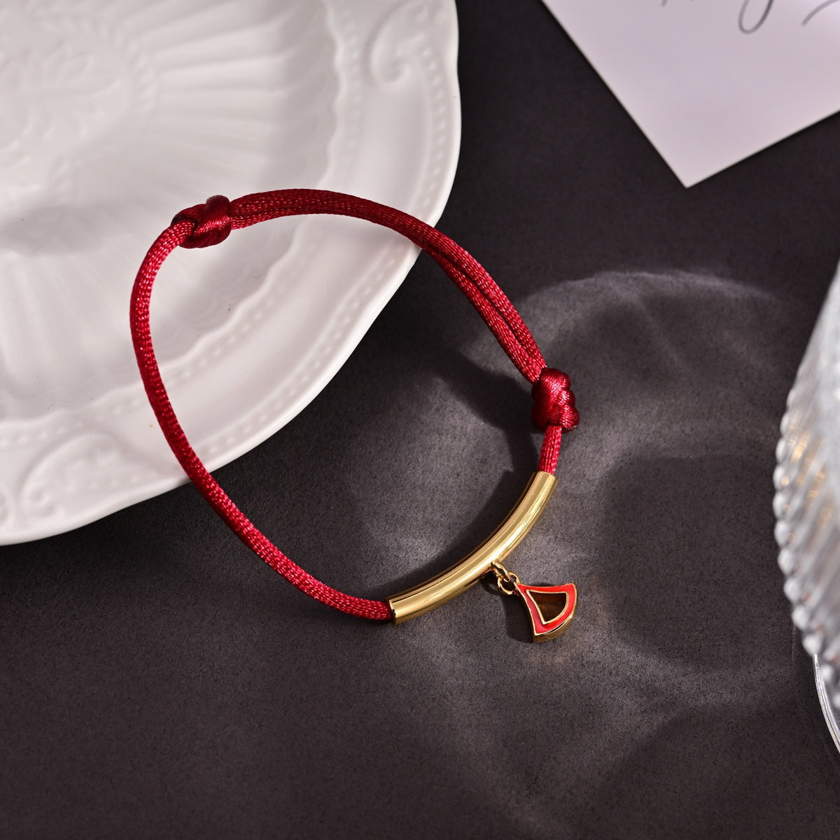 Red Cord Braided Bracelet in Polished Metal-Tone – Red Cord Detail – Design 005 front product view