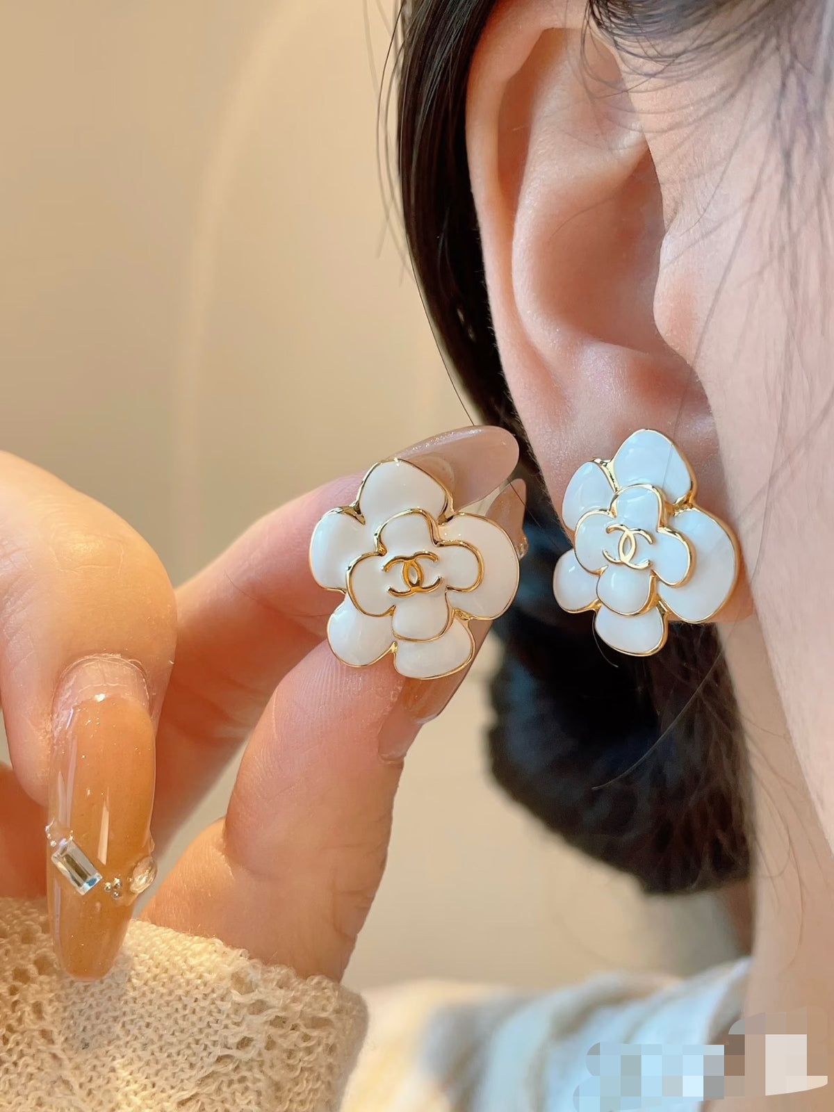 Camellia Stud Earrings in Polished Metal-Tone – Camellia Detail – Design 048 front product view