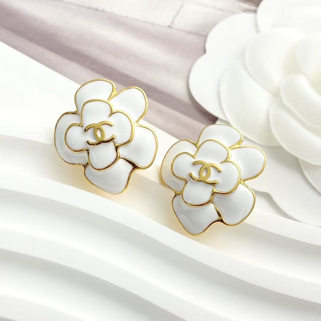 Camellia Stud Earrings in Polished Metal-Tone – Camellia Detail – Design 048 front product view