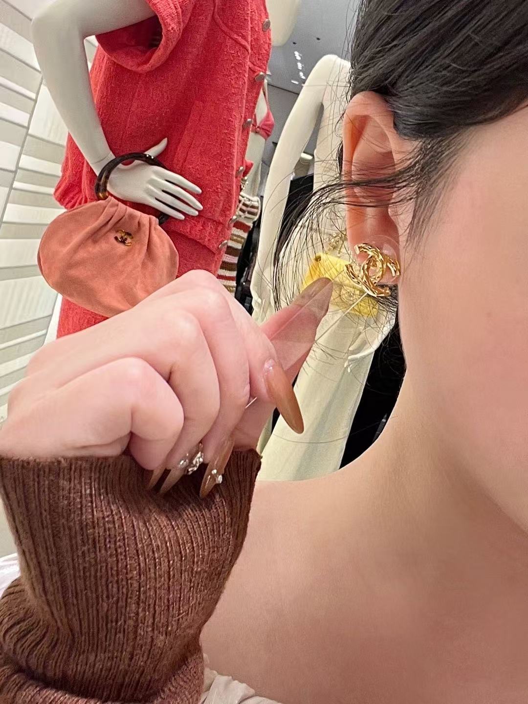 Double-C Emblem Stud Earrings in Gold-Tone – Design 042 styled product view