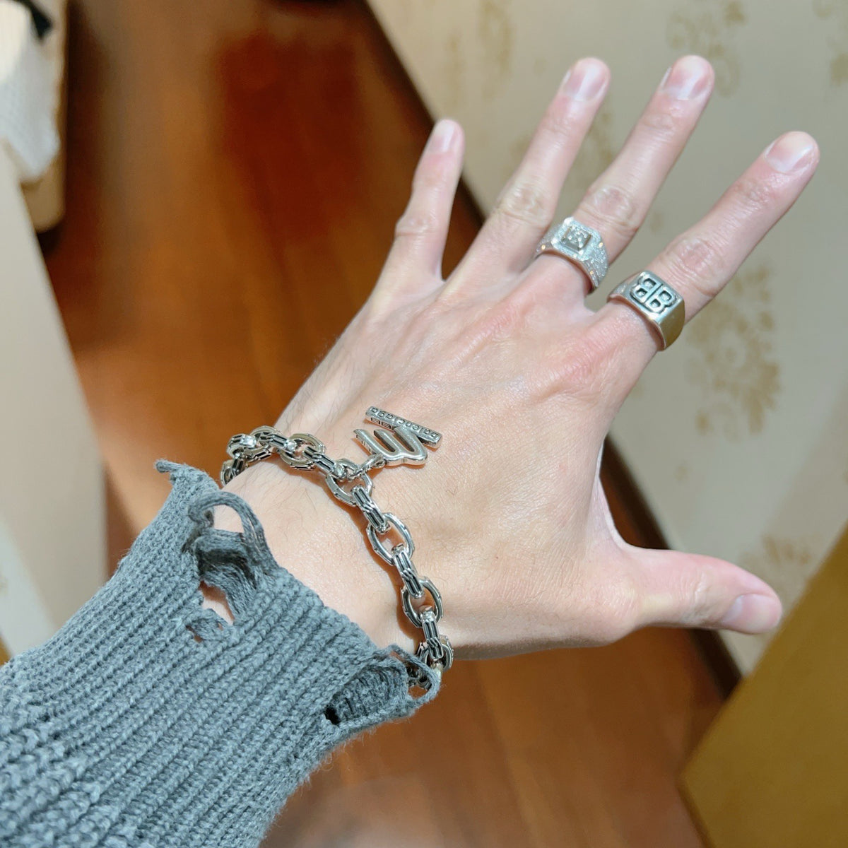 Geometric Emblem Bracelet in Polished Metal-Tone – Design 074 detail view