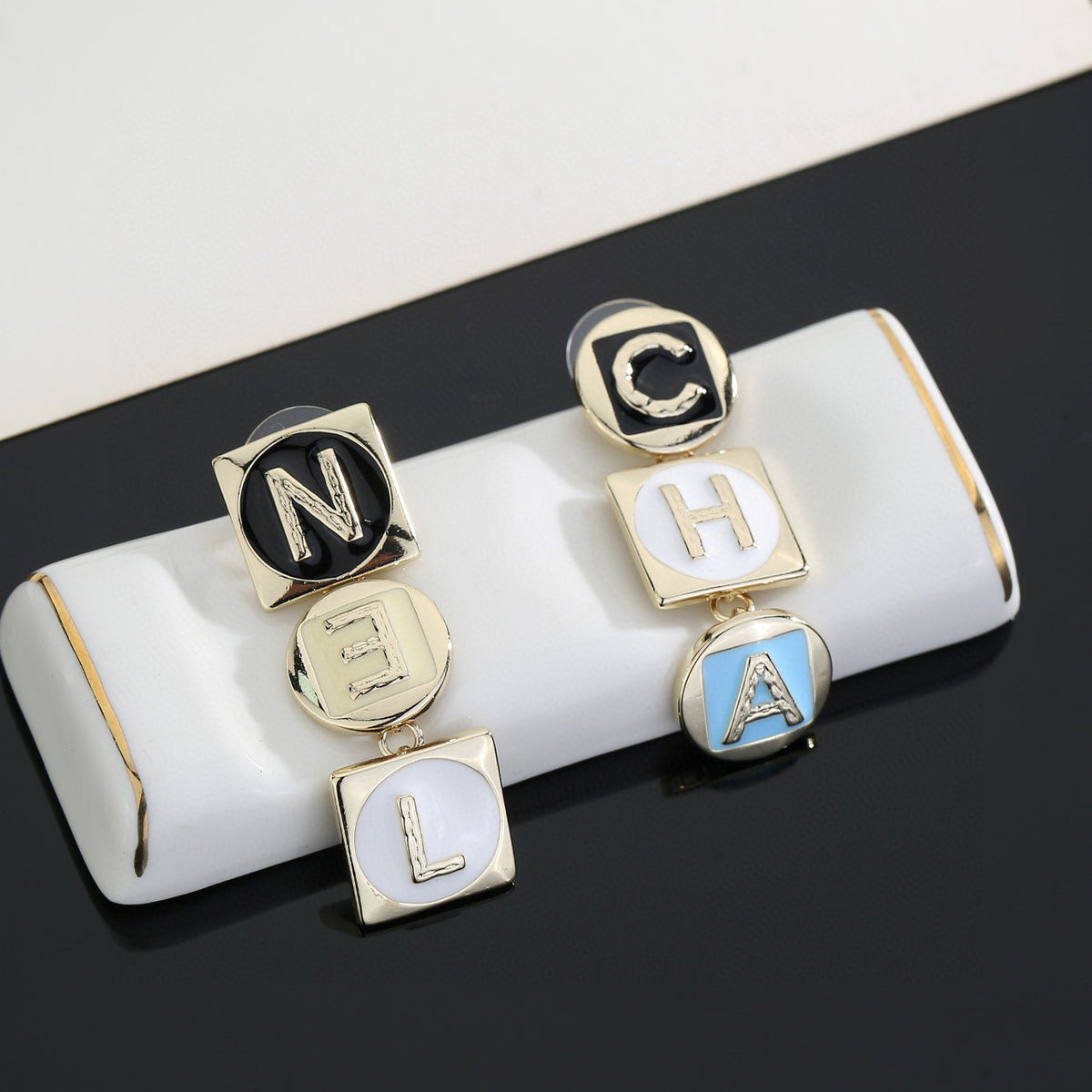 Letter Stud Earrings in Polished Metal-Tone – Design 006 detail view