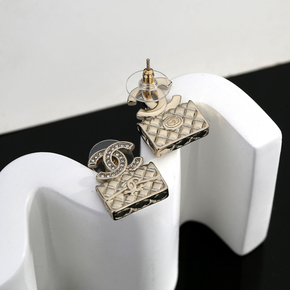 Signature Emblem Stud Earrings in Gold-Tone – Design 076 close-up detail