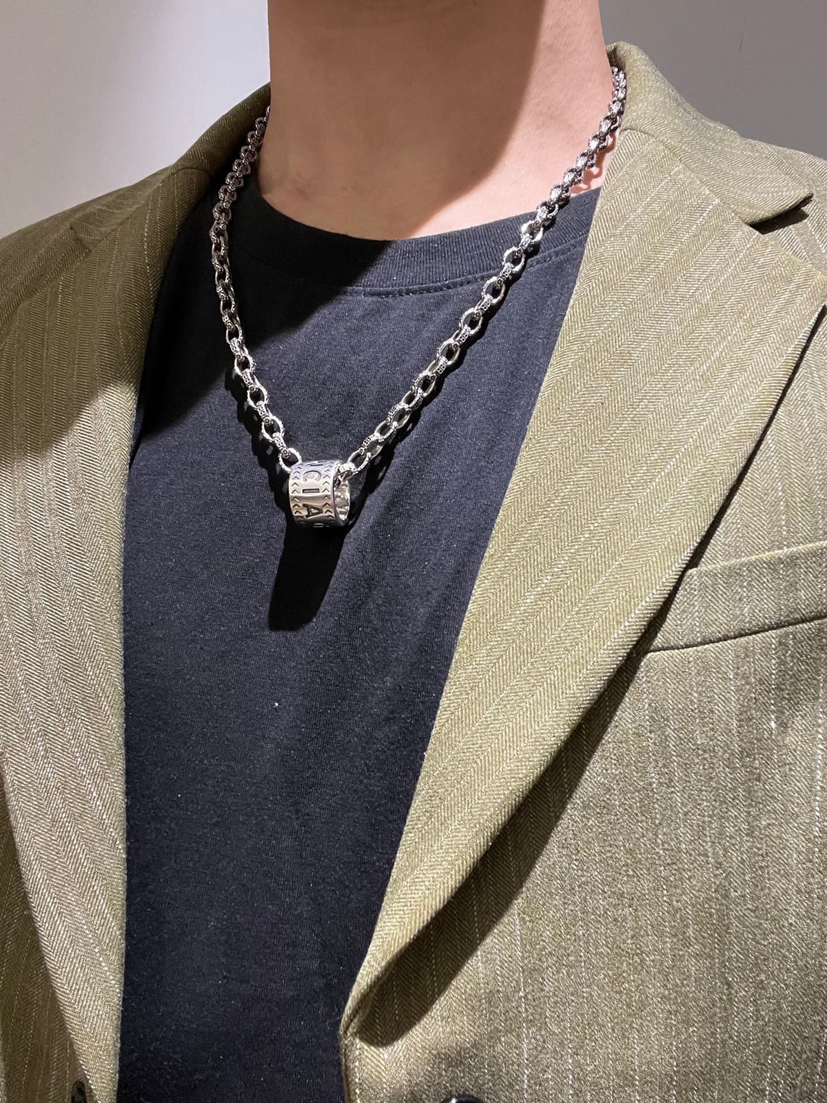 Geometric Emblem Pendant Necklace in Polished Metal-Tone – Vintage Detail – Design 082 detail view