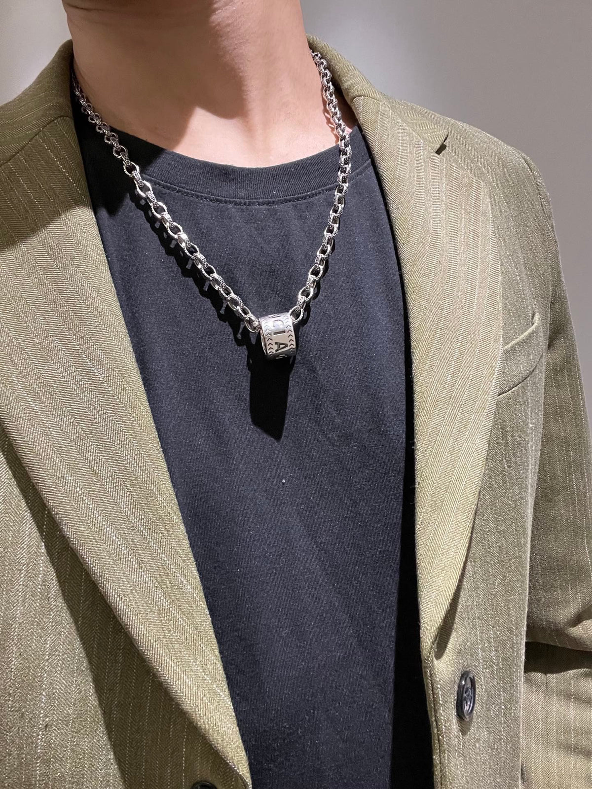 Geometric Emblem Pendant Necklace in Polished Metal-Tone – Vintage Detail – Design 082 styled product view