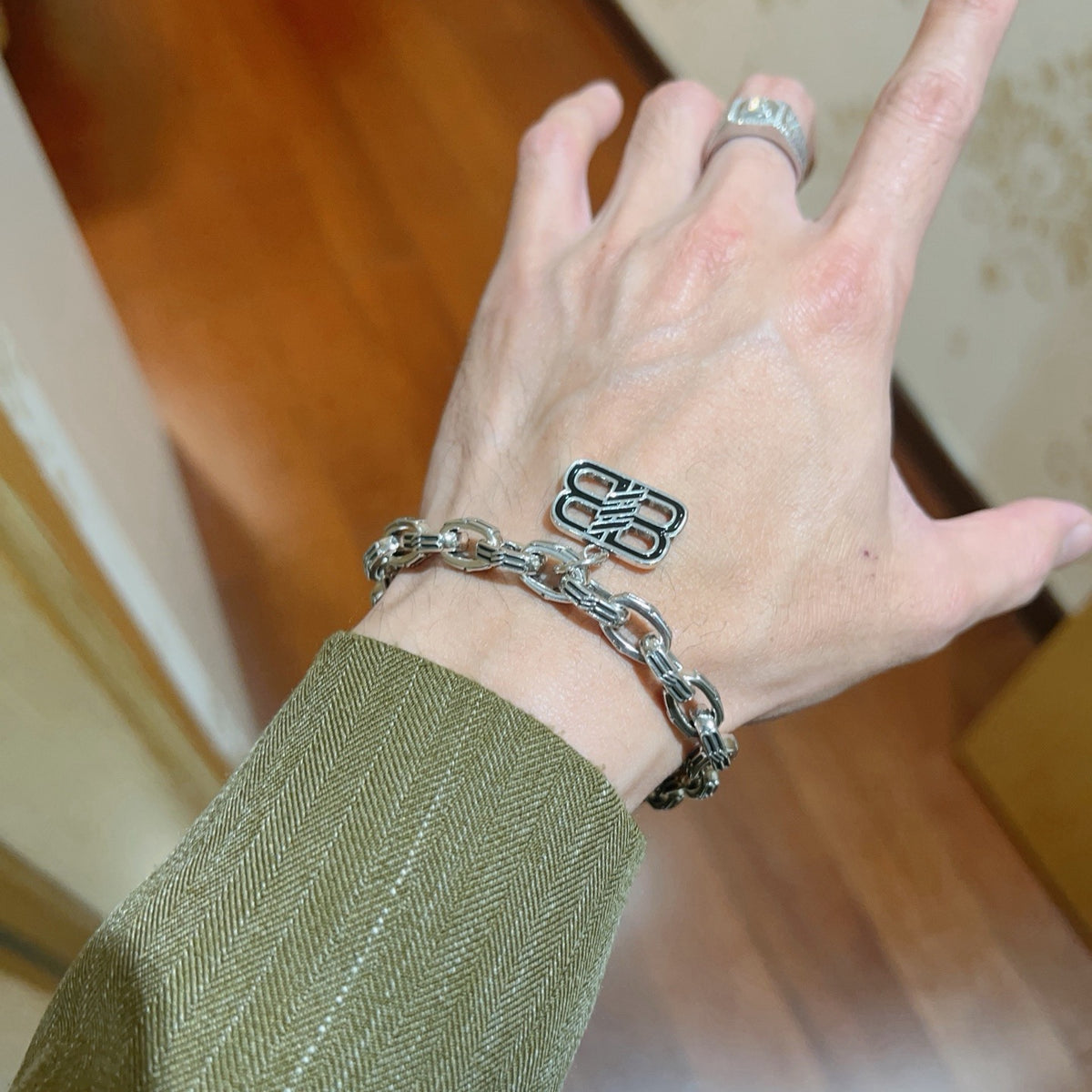 Geometric Emblem Bracelet in Polished Metal-Tone – Design 075 detail view