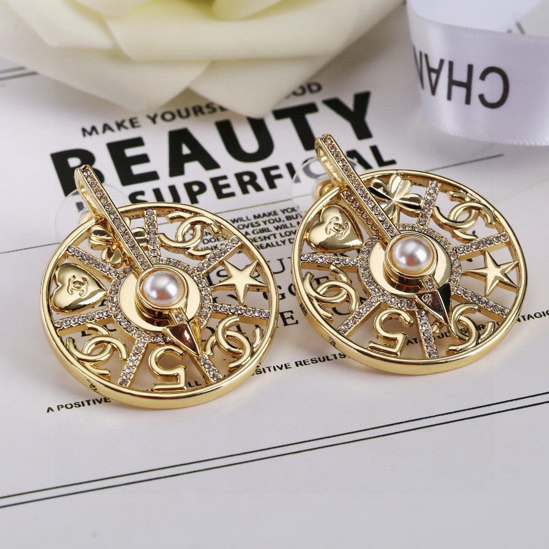 Signature Emblem Statement Earrings in Polished Metal-Tone – Design 025 front product view