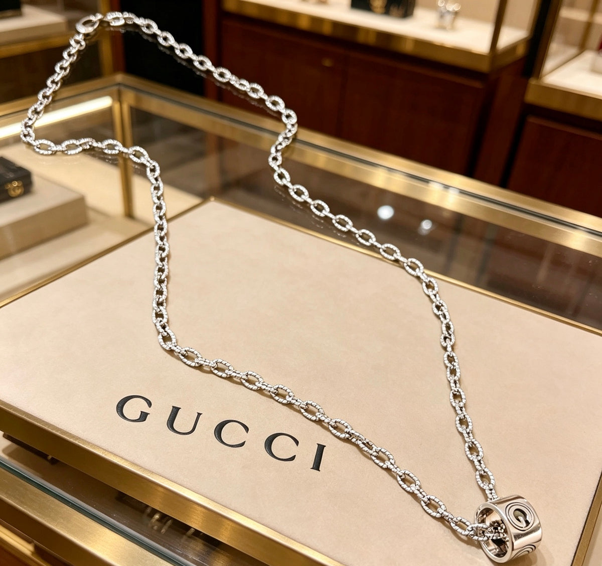 Double-G Emblem Pendant Necklace in Polished Metal-Tone – Design 148 main product view