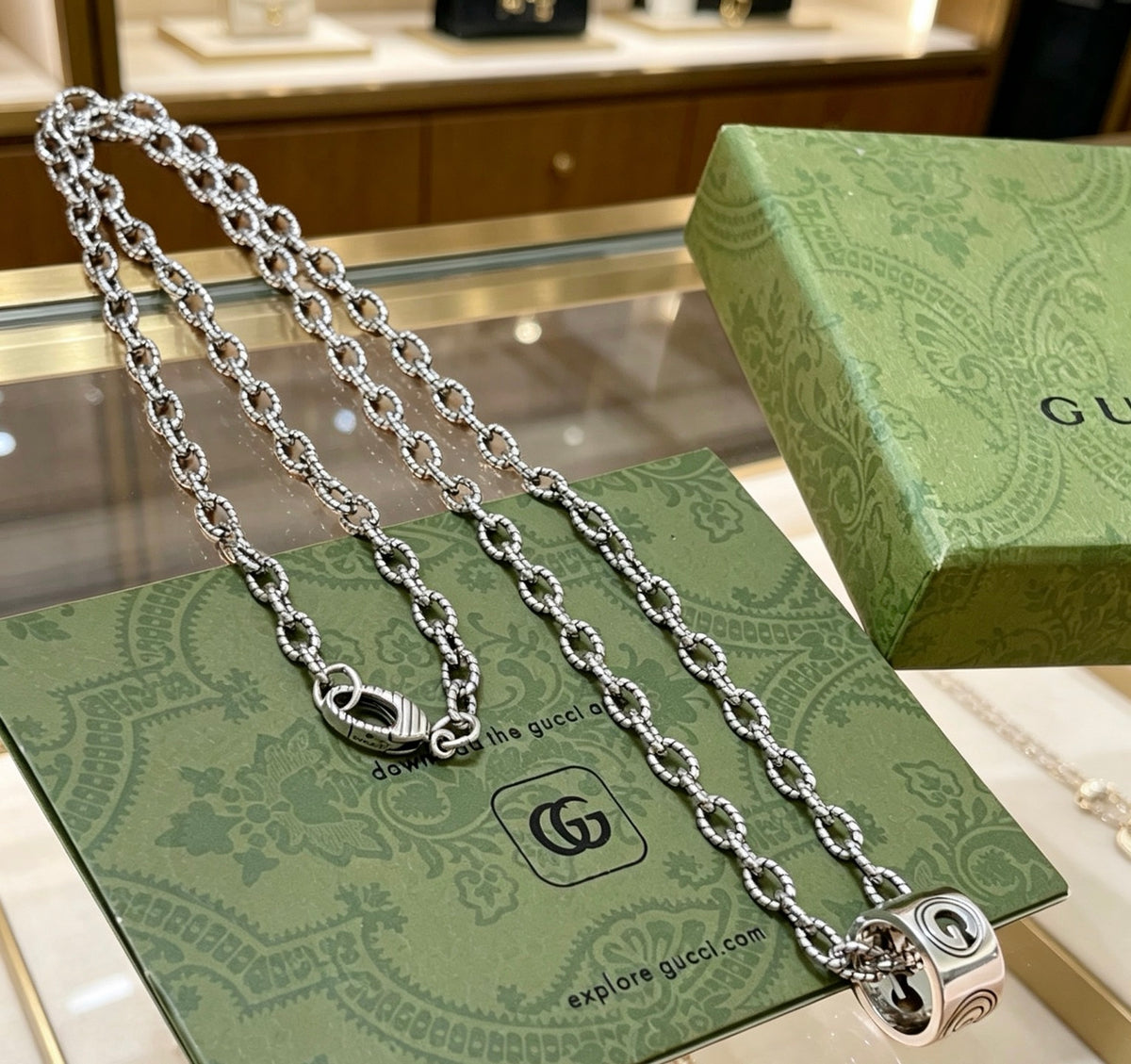 Double-G Emblem Pendant Necklace in Polished Metal-Tone – Design 148 styled product view