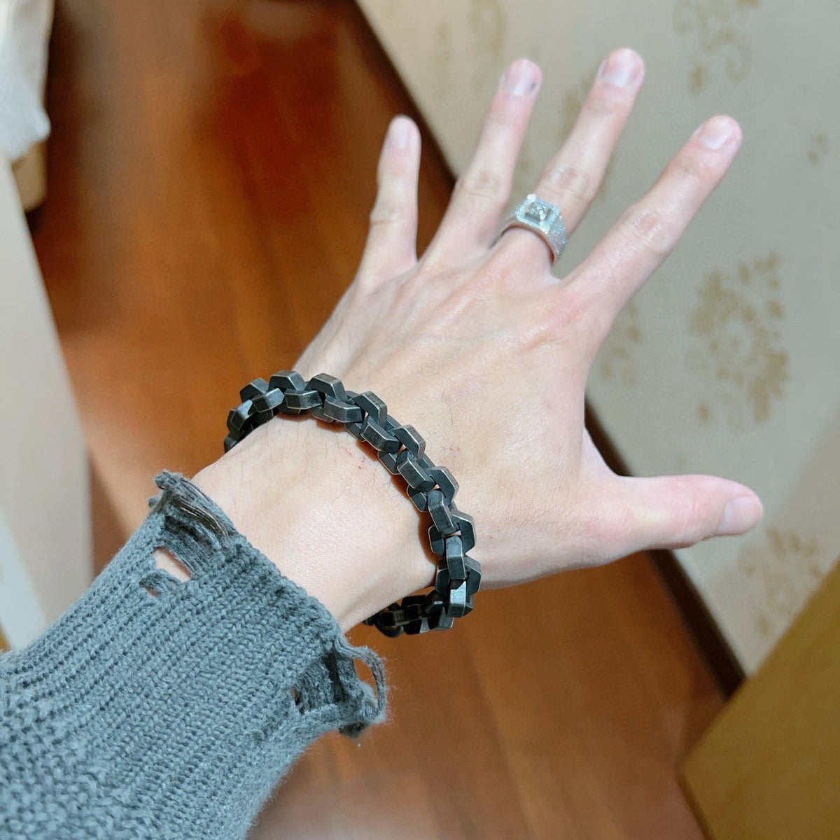 Geometric Emblem Bracelet in Polished Metal-Tone – Vintage Detail – Design 005 detail view