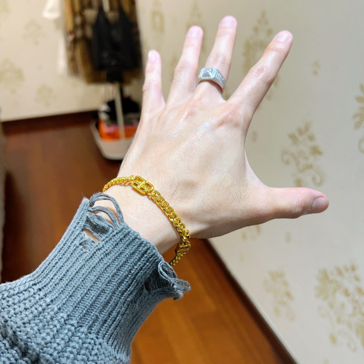 Geometric Emblem Bracelet in Polished Metal-Tone – Design 038 main product view