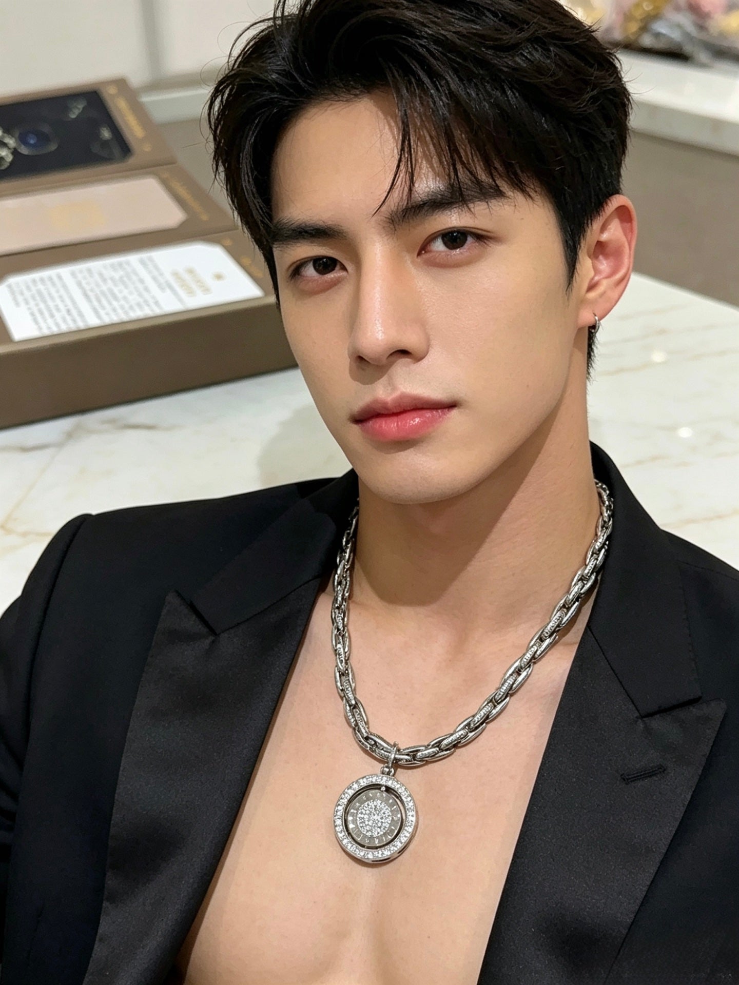 Geometric Emblem Statement Ring in Polished Metal-Tone – Design 024 front product view