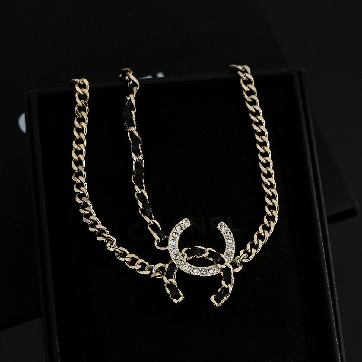 Signature Emblem Pendant Necklace in Gold-Tone – Black Detail – Design 008 styled product view