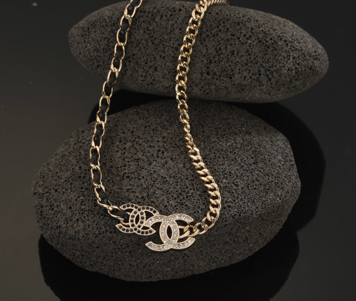Signature Emblem Pendant Necklace in Gold-Tone – Black Detail – Design 007 main product view