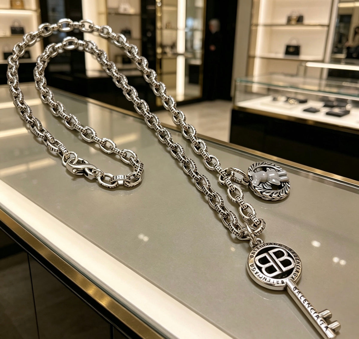 Geometric Emblem Pendant Necklace in Polished Metal-Tone – Vintage Detail – Design 038 main product view
