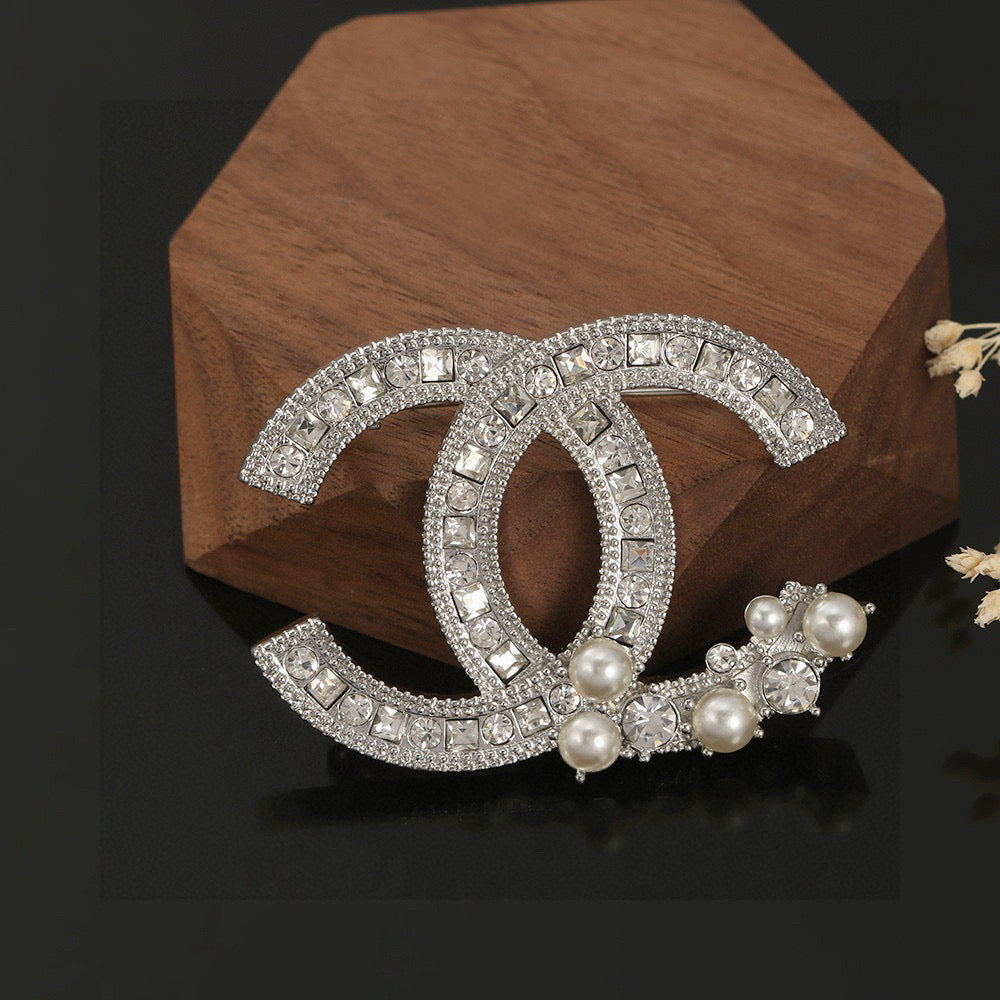 Double-C Emblem Brooch in Polished Metal-Tone – Pearl Detail – Design 004 styled product view