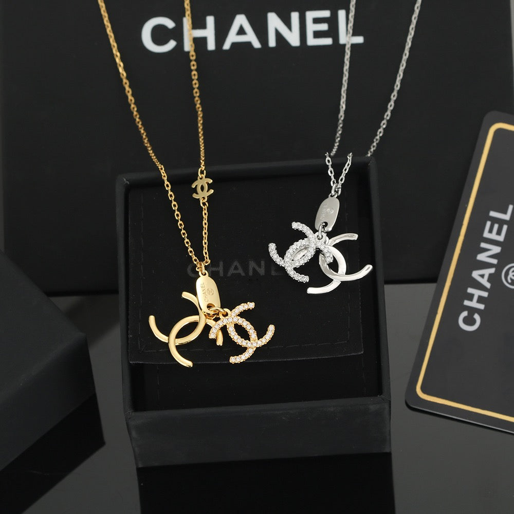 Double-C Emblem Pendant Necklace in Polished Metal-Tone – Design 001 side detail