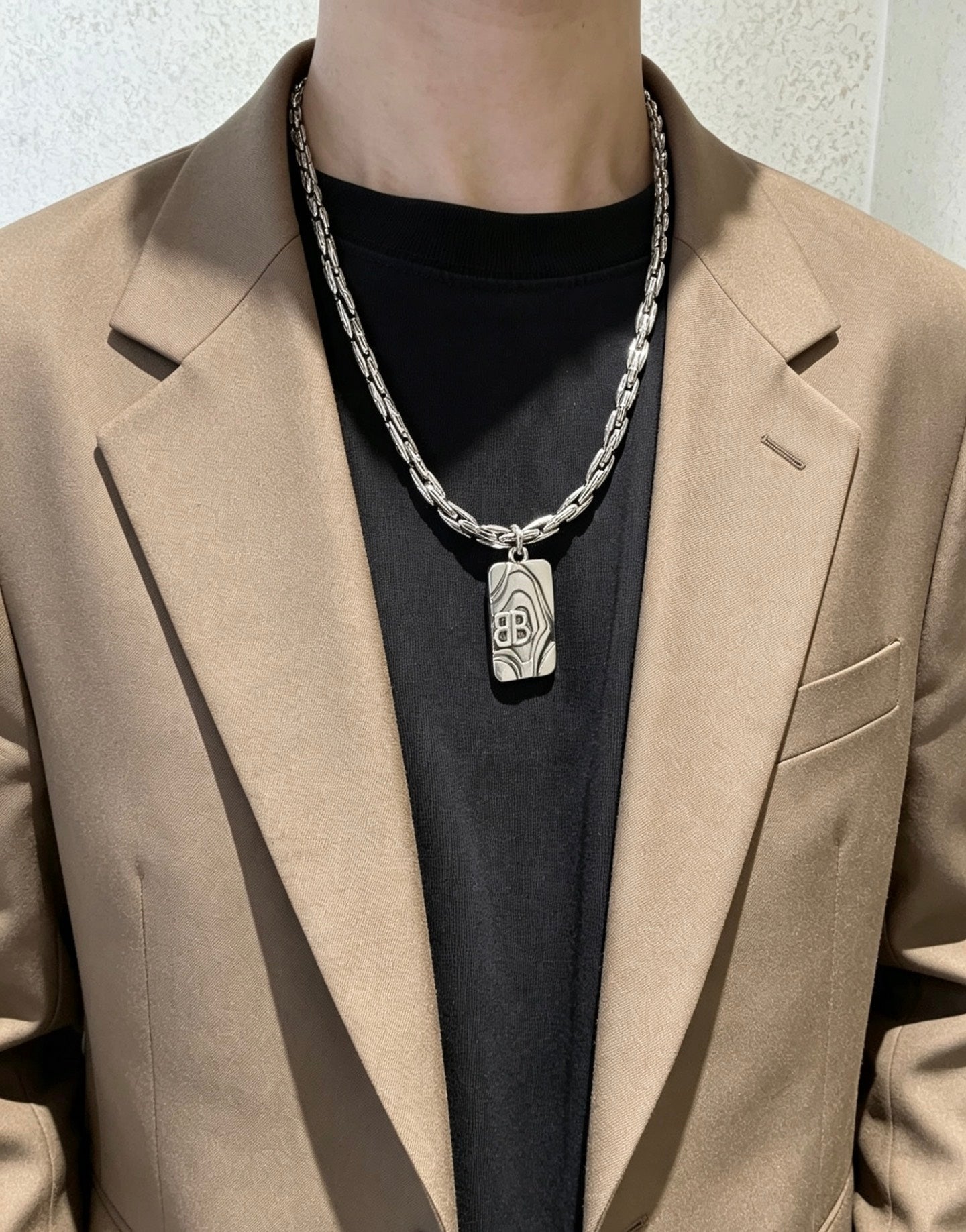 Geometric Emblem Pendant Necklace in Polished Metal-Tone – Vintage Detail – Design 024 close-up detail
