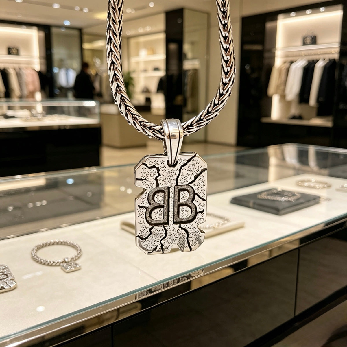 Geometric Emblem Pendant Necklace in Polished Metal-Tone – Vintage Detail – Design 004 close-up detail