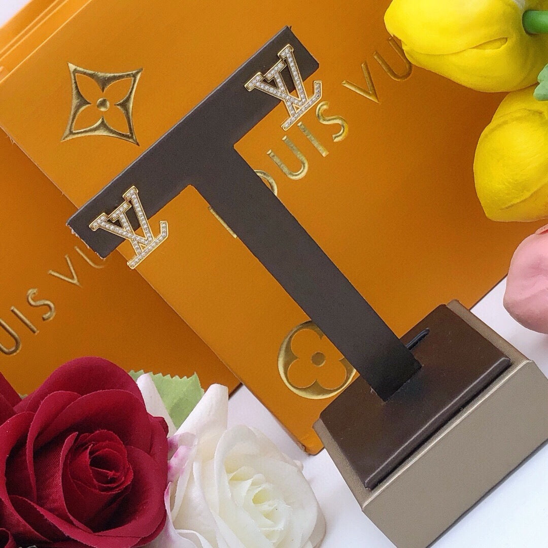 Letter Emblem Stud Earrings in Gold-Tone – Design 001 front product view
