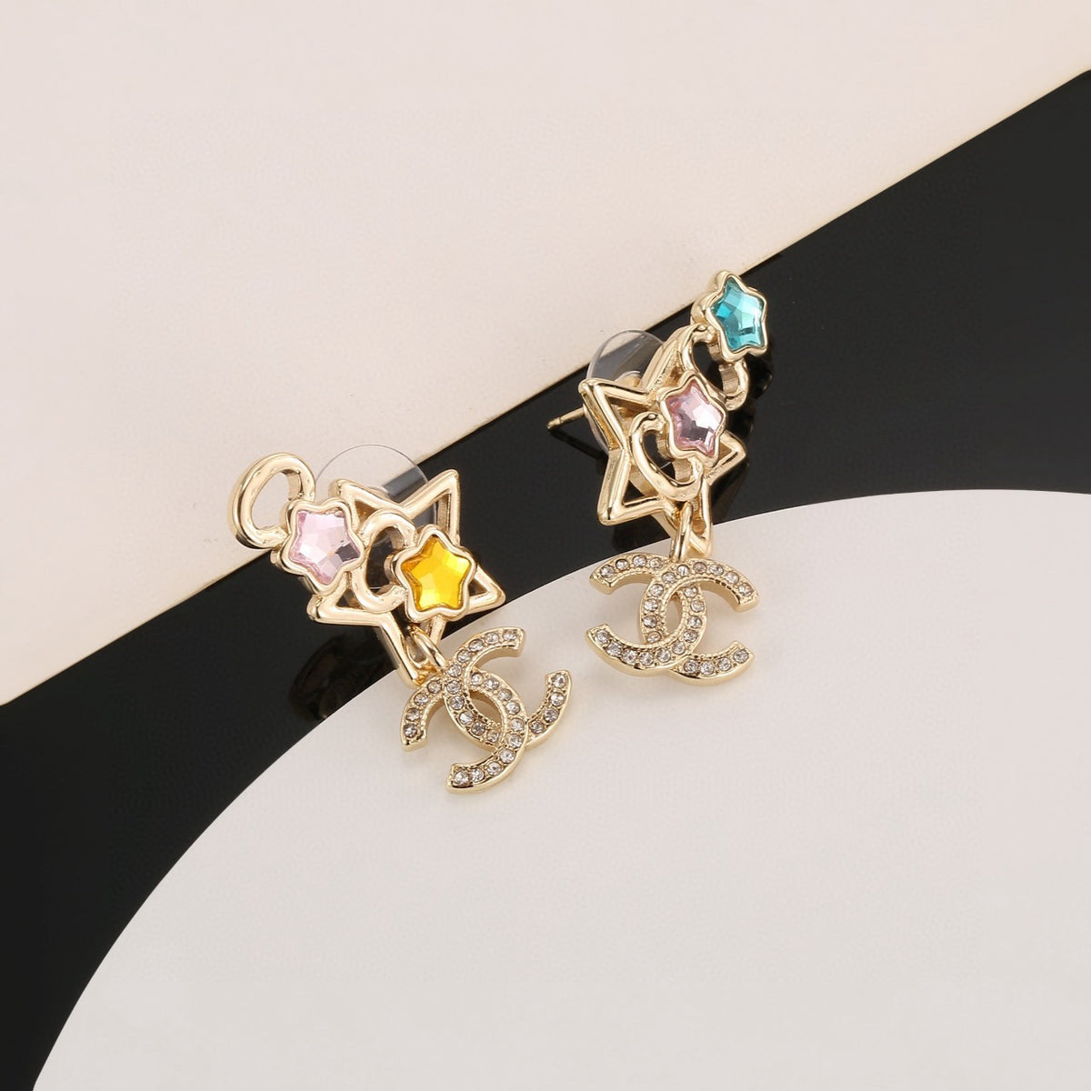Double-C Emblem Stud Earrings in Gold-Tone – Star Detail main product view
