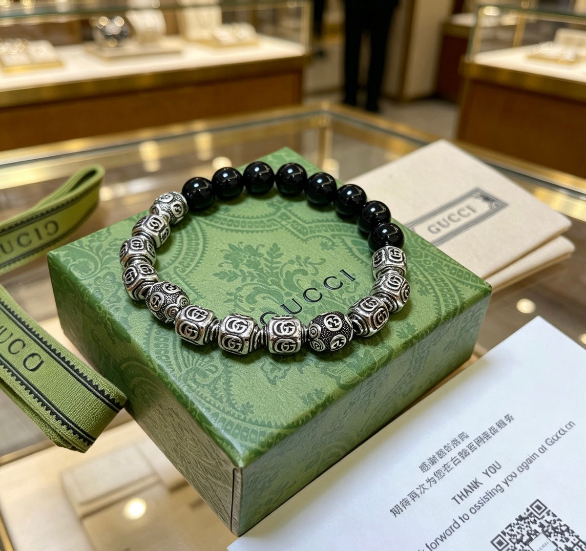 Double-G Emblem Beaded Bracelet in Polished Metal-Tone – Agate Detail – Design 003 front product view