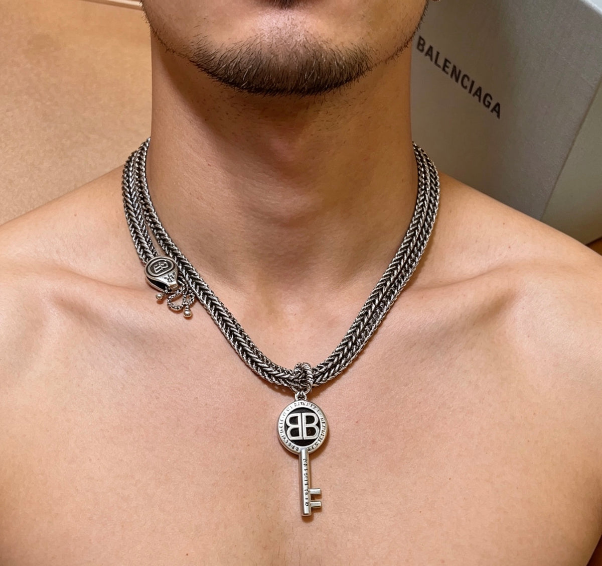Geometric Emblem Pendant Necklace in Polished Metal-Tone – Vintage Detail – Design 003 detail view