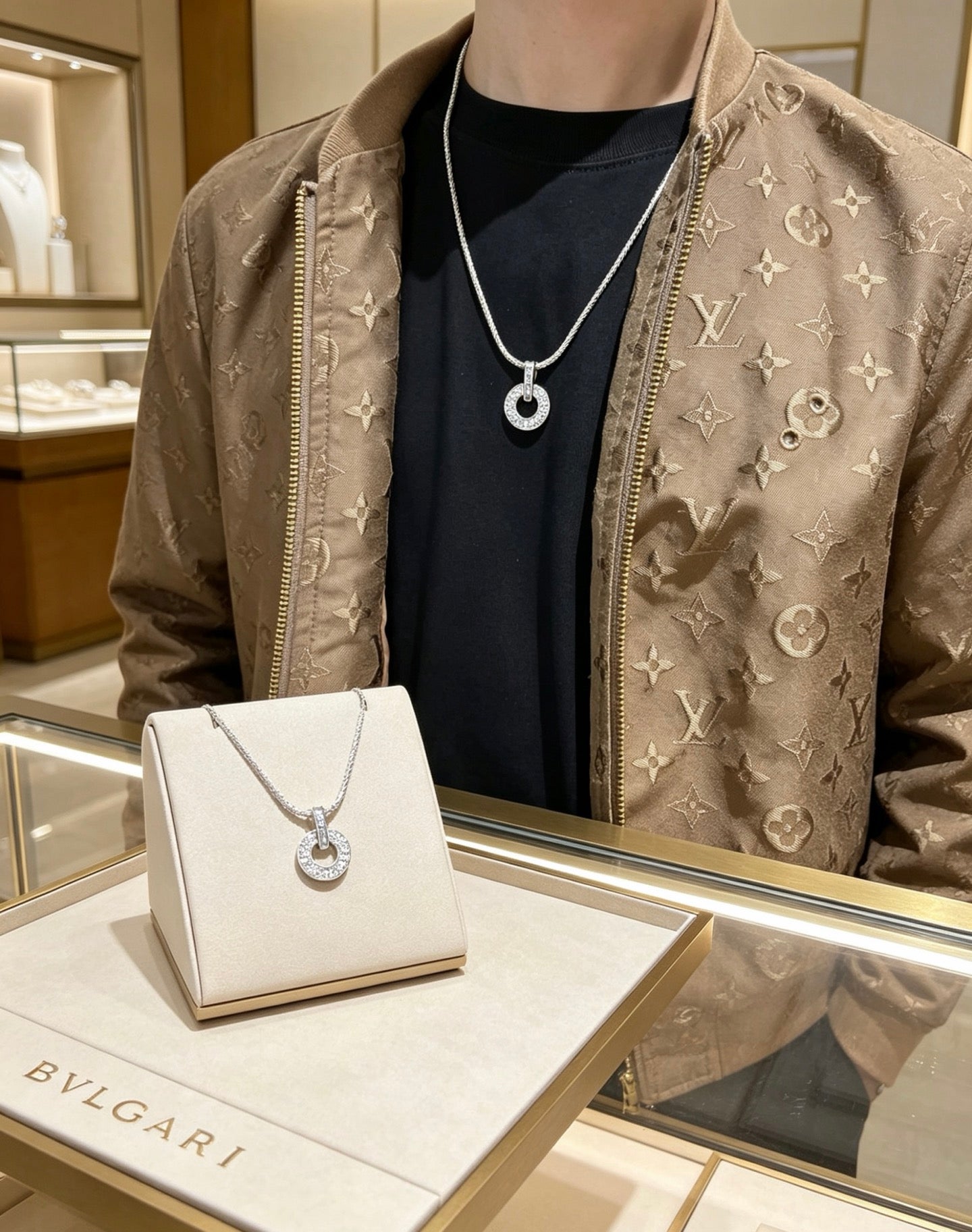 Geometric Emblem Pendant Necklace in Gold-Tone – Design 001 detail view