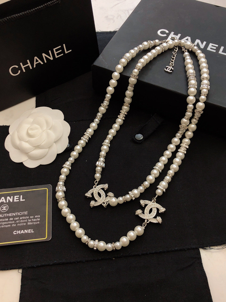 Double-C Emblem Pearl-Detail Pendant Necklace – Pearl Detail – Design 090 main product view