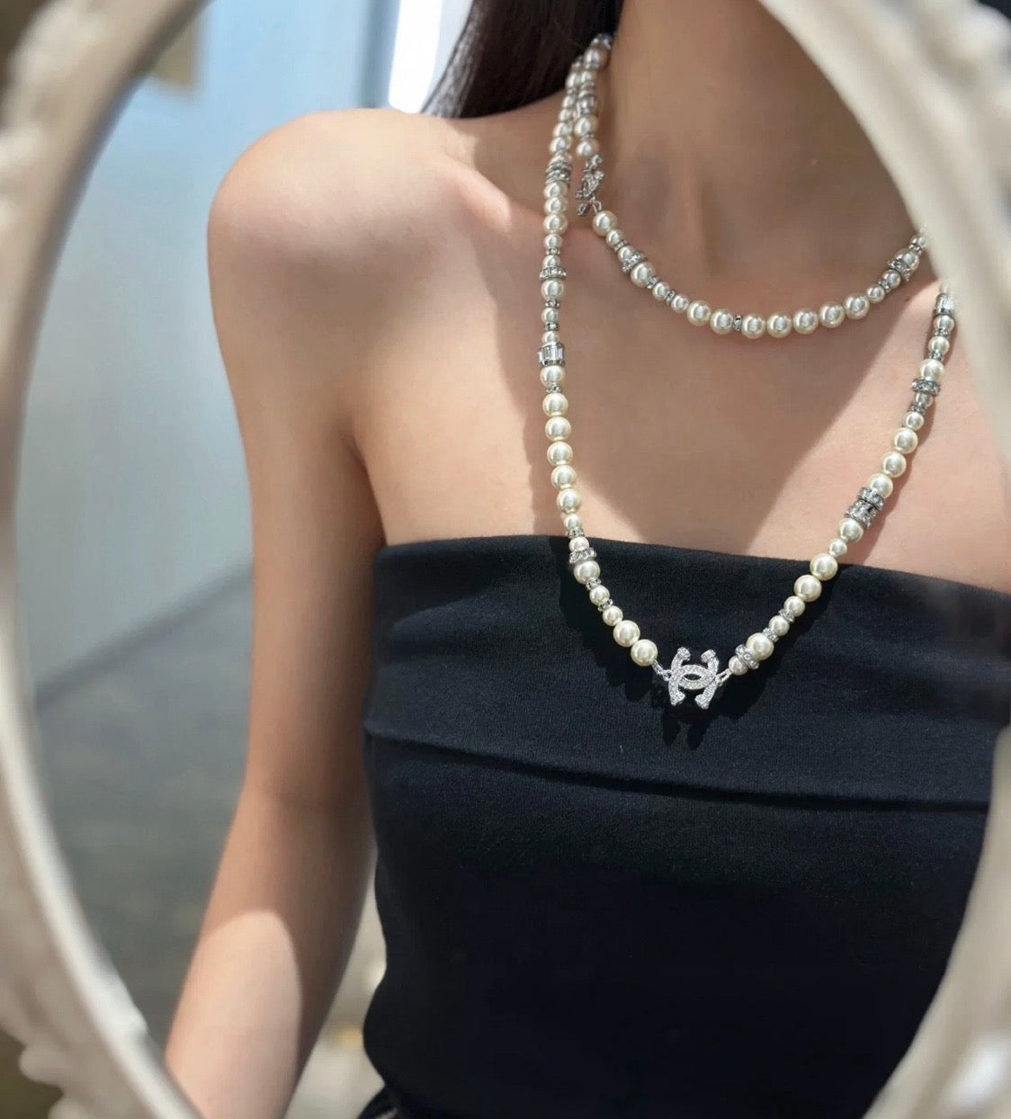 Double-C Emblem Pearl-Detail Pendant Necklace – Pearl Detail – Design 090 front product view